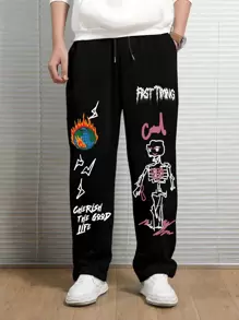 ROMWE MEN Street Life Men Letter & Cartoon Graphic Drawstring Waist Sweatpants - Black - View 1