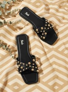 SheIn VCAY Dép bệt Nữ Đúc màu trơn Punk - màu đen - Xem 1