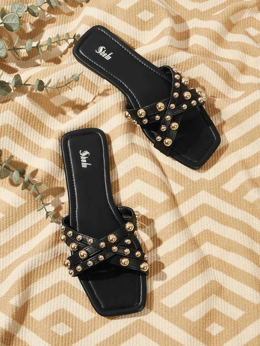 SheIn VCAY Dép bệt Nữ Đúc màu trơn Punk - màu đen - Xem 1