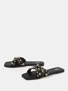 SheIn VCAY Dép bệt Nữ Đúc màu trơn Punk - màu đen - Xem 3