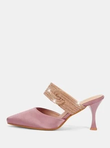 SheIn Belle Rhinestone & Twist Decor Pyramid Heeled Mule Pumps - Pink - View 2