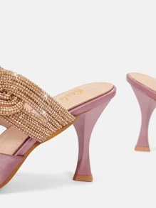 SheIn Belle Rhinestone & Twist Decor Pyramid Heeled Mule Pumps - Pink - View 5