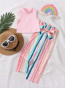 Toddler Girls Tank Top & Block Striped Belted Trousers - Multicolor - View 1