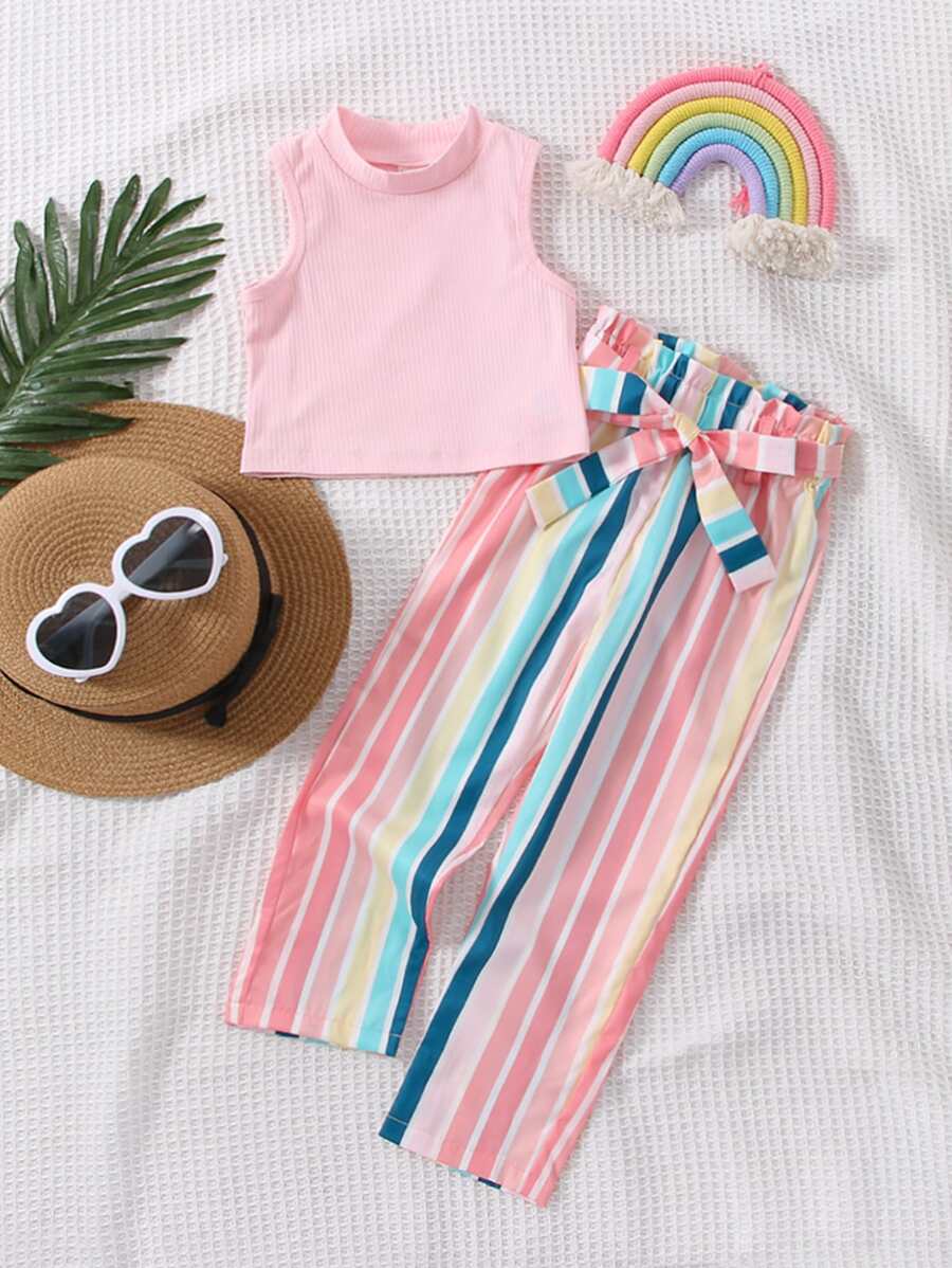 Toddler Girls Tank Top & Block Striped Belted Trousers - Multicolor - View 1