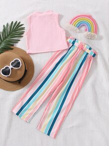 Toddler Girls Tank Top & Block Striped Belted Trousers - Multicolor - View 2