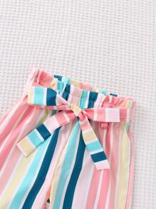 Toddler Girls Tank Top & Block Striped Belted Trousers - Multicolor - View 3