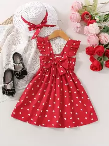 SHEIN Toddler Girls Heart Print Ruffle Trim Bow Front Dress - Red - View 1