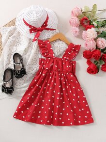 SHEIN Toddler Girls Heart Print Ruffle Trim Bow Front Dress - Red - View 2