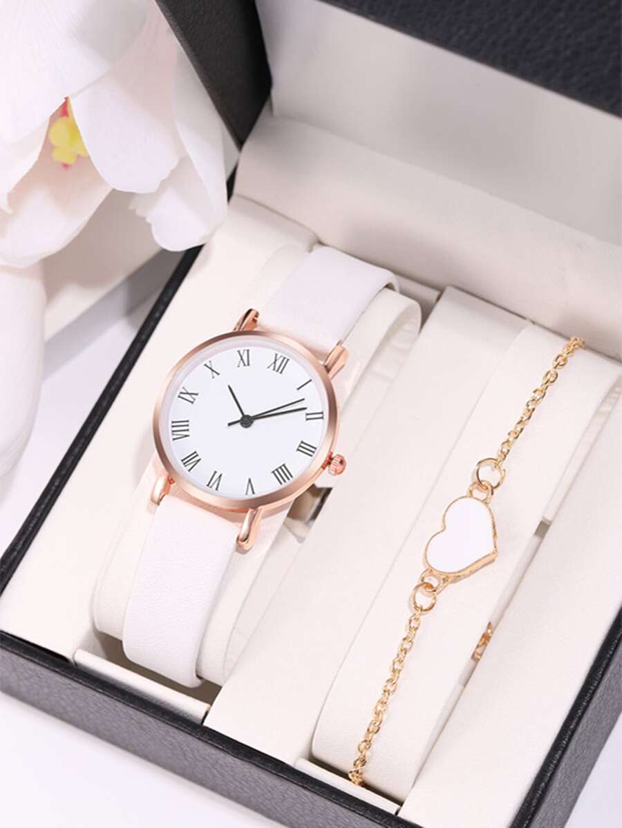 1入組極簡風格圓形指針石英手錶和1入組手環 - 白色 - 查看 1