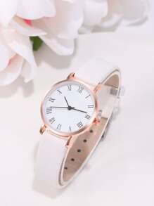 1入組極簡風格圓形指針石英手錶和1入組手環 - 白色 - 查看 2