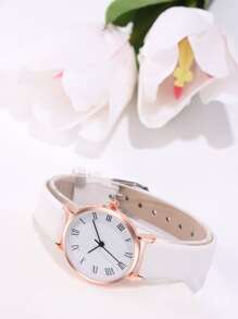 1入組極簡風格圓形指針石英手錶和1入組手環 - 白色 - 查看 3
