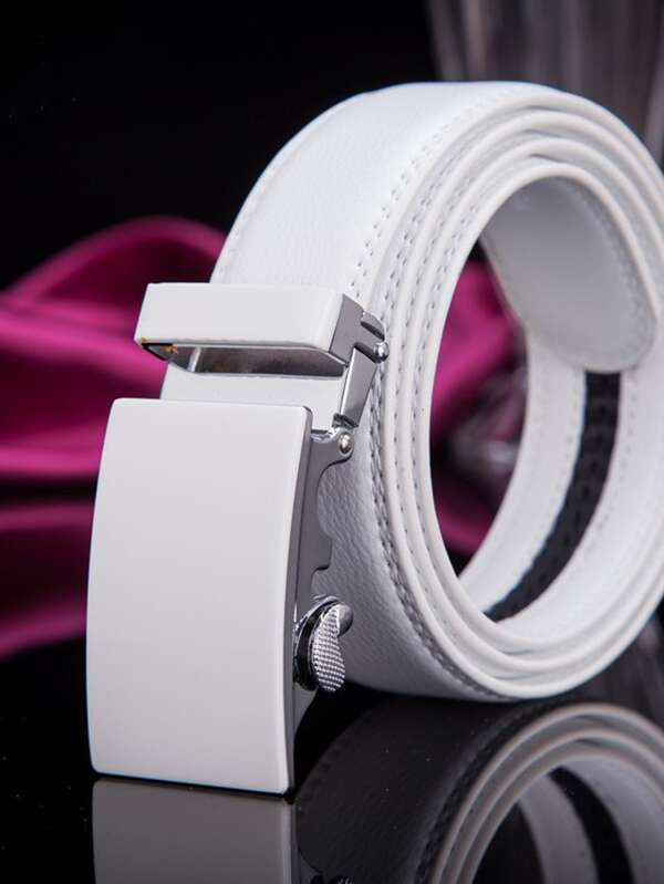 1pc White Men's Automatic Buckle Belt, Customizable Length Business Suit Belt, Suitable For Wedding Summer, School