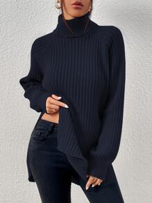 SHEIN Frenchy Jersey cuello alto de manga raglán bajo con abertura - Azul Marino - Ver 3