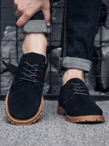 Men Faux Suede Lace-up Front Derby Shoes - Black - View 3