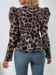 SHEIN Clasi Allover Print Gigot Sleeve Zip Up Jacket - Brown - View 2