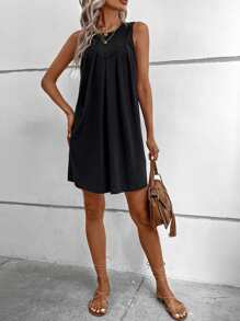 SHEIN LUNE Đầm Cắt ra Uốn nếp màu trơn Giải trí - màu đen - Xem 6