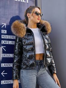 ZIAI 女士休闲纯色亮面冬季外套，新款时尚系带修身加厚外套，女士短款羽绒服，带人造毛领，时尚假日之选 - 黑色 - 查看 5