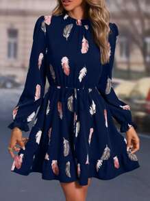 SHEIN LUNE Vestido con estampado de pluma de manga con volante bajo con fruncido - Azul Marino - Ver 1