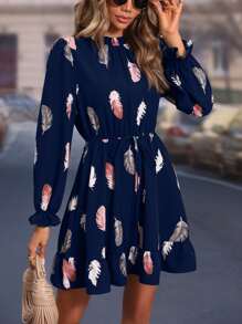 SHEIN LUNE Vestido con estampado de pluma de manga con volante bajo con fruncido - Azul Marino - Ver 3