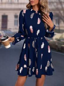 SHEIN LUNE Vestido con estampado de pluma de manga con volante bajo con fruncido - Azul Marino - Ver 5