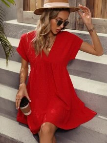 Breezaya Swiss Dot Batwing Sleeve Ruffle Hem Smock Dress - Red - View 3