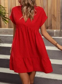 Breezaya Swiss Dot Batwing Sleeve Ruffle Hem Smock Dress - Red - View 6