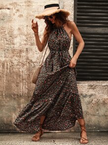 Breezaya 滿版印花荷葉邊腰帶掛脖連衣裙 - 軍綠色 - 查看 3