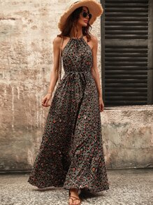 Breezaya 滿版印花荷葉邊腰帶掛脖連衣裙 - 軍綠色 - 查看 4