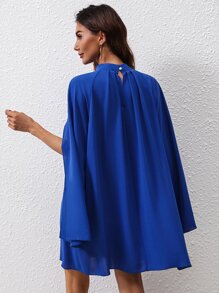 SHEIN Clasi Cloak Sleeve Plicated Detail Mock Neck Chiffon Cape Dress - Royal Blue - View 2