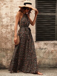 Breezaya 滿版印花荷葉邊腰帶掛脖連衣裙 - 軍綠色 - 查看 5