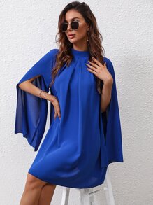 SHEIN Clasi Cloak Sleeve Plicated Detail Mock Neck Chiffon Cape Dress - Royal Blue - View 5