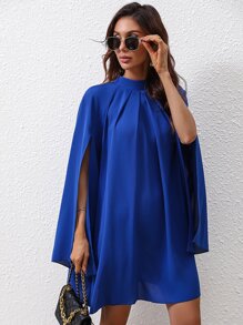 SHEIN Clasi Cloak Sleeve Plicated Detail Mock Neck Chiffon Cape Dress - Royal Blue - View 6