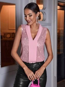 SHEIN Unity Shawl Collar Sequin Blouse - Pink - View 4