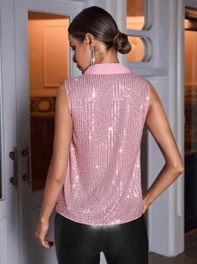 SHEIN Unity Shawl Collar Sequin Blouse - Pink - View 2