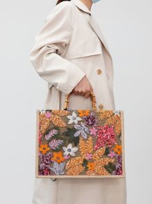 中等草編包亮片裝飾隨機花朵圖案 - 彩色 - 查看 7