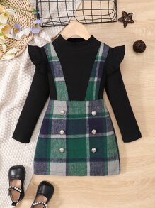 Niñitas Vestido 2 en 1 con estampado de cuadros ribete con fruncido - Multicolor - Ver 1