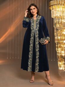 Al Najma Plus Floral Embroidery Notched Neck Velvet Dress - Navy Blue - View 1