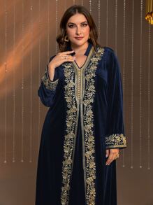 Al Najma Plus Floral Embroidery Notched Neck Velvet Dress - Navy Blue - View 3
