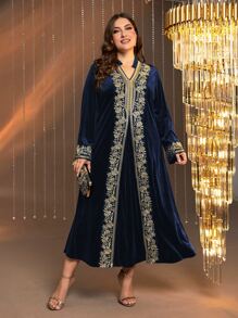 Al Najma Plus Floral Embroidery Notched Neck Velvet Dress - Navy Blue - View 5