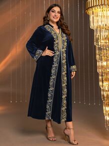 Al Najma Plus Floral Embroidery Notched Neck Velvet Dress - Navy Blue - View 6