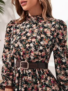 SHEIN LUNE Allover Floral Print Flounce Sleeve Dress Without Belt