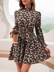 SHEIN LUNE Allover Floral Print Flounce Sleeve Dress Without Belt