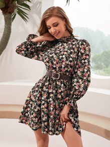 SHEIN LUNE Allover Floral Print Flounce Sleeve Dress Without Belt