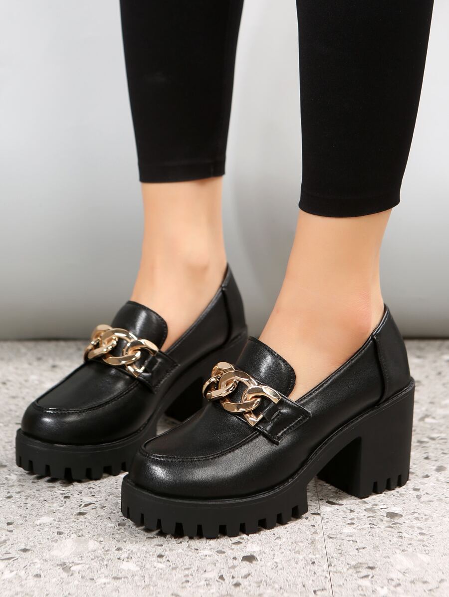 鏈條裝飾一腳蹬厚底樂福鞋,黑色朋克風格高跟鞋適合女士帶金屬質感鏈條裝飾 - 黑色 - 查看 1