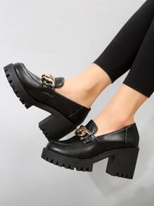 鏈條裝飾一腳蹬厚底樂福鞋,黑色朋克風格高跟鞋適合女士帶金屬質感鏈條裝飾 - 黑色 - 查看 3