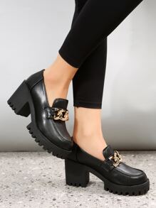 鏈條裝飾一腳蹬厚底樂福鞋,黑色朋克風格高跟鞋適合女士帶金屬質感鏈條裝飾 - 黑色 - 查看 4