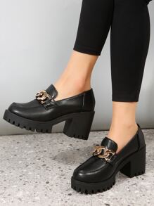 鏈條裝飾一腳蹬厚底樂福鞋,黑色朋克風格高跟鞋適合女士帶金屬質感鏈條裝飾 - 黑色 - 查看 6