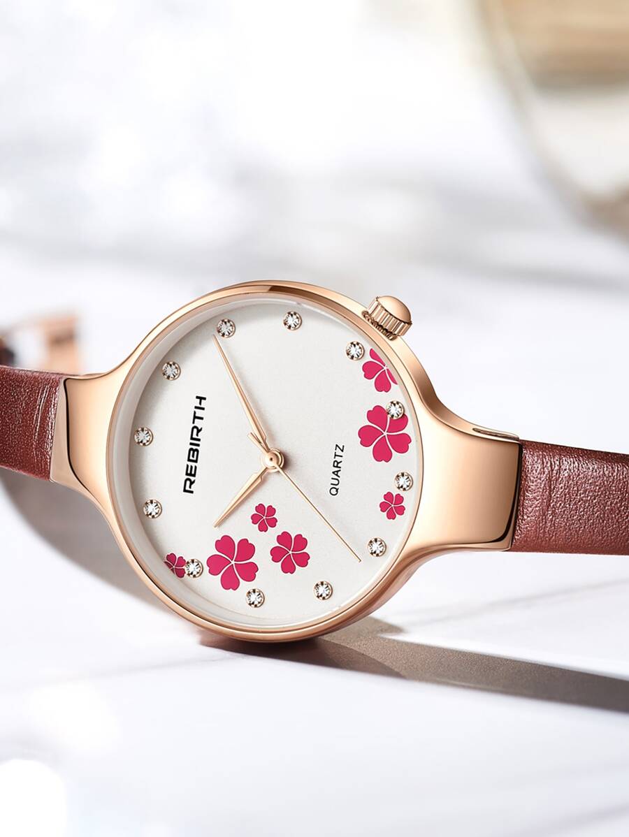REBIRTH 花卉圖案錶盤圓形指針石英手錶 - 咖啡棕 - 查看 1