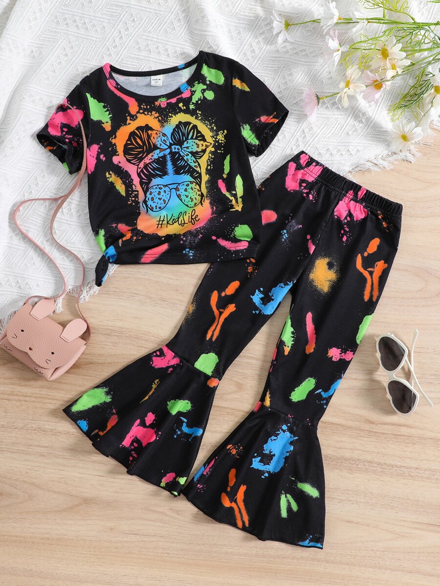 SHEIN Bộ thời trang bé gái Viên lá sen Con số Lá thư Giải trí - màu đen - Xem 1