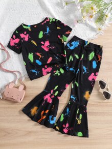 SHEIN Bộ thời trang bé gái Viên lá sen Con số Lá thư Giải trí - màu đen - Xem 2
